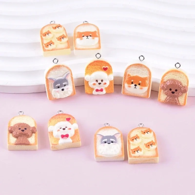 Resin Art Earrings - 10 Stück niedliche Toast-Hund-Harzanhänger, Cartoon-Tier-Charms, DIY-Bastelbedarf